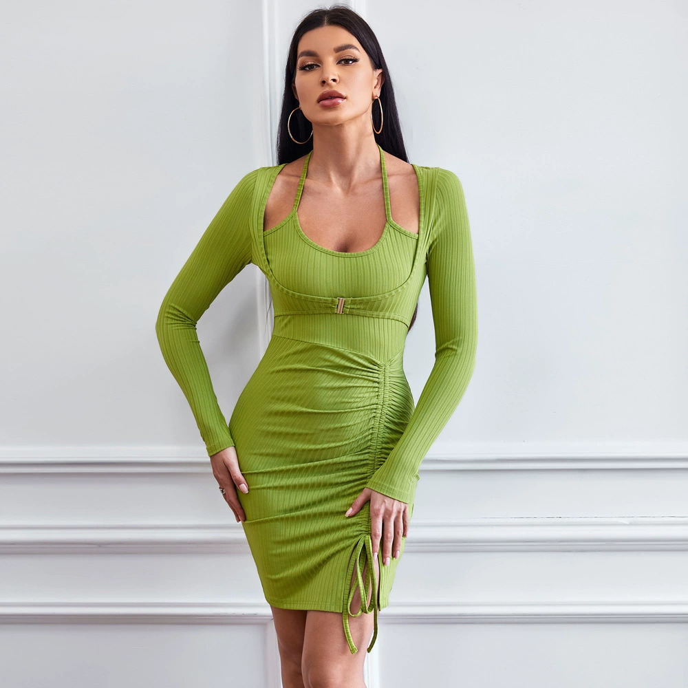 ZARA Fake Two Piece Ruched Bodycon Knit Long Sleeve Mini Dress